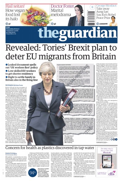 The Guardian Newspaper Front Page for 6 September 2017