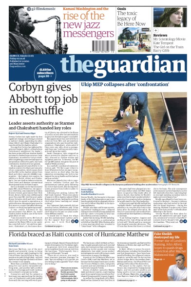 The Guardian Newspaper Front Page for 7 October 2016