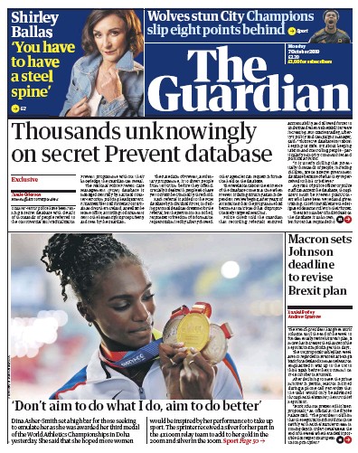 The Guardian Newspaper Front Page for 7 October 2019