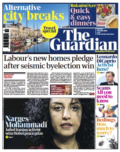 The Guardian (UK) Newspaper Front Page for 7 October 2023