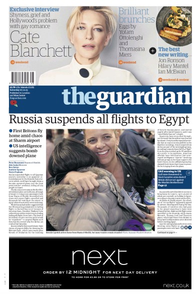 The Guardian Newspaper Front Page for 7 November 2015