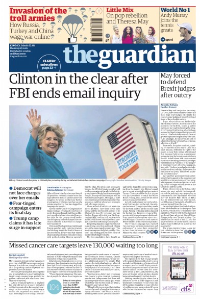 The Guardian Newspaper Front Page for 7 November 2016