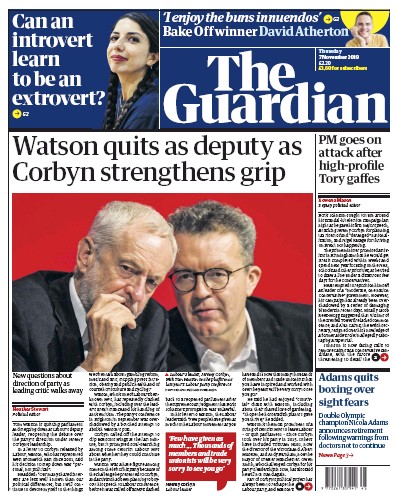 The Guardian Newspaper Front Page for 7 November 2019
