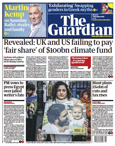 The Guardian (UK) Newspaper Front Page for 7 November 2022