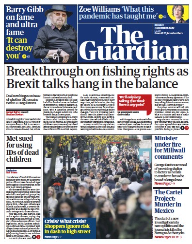 The Guardian Newspaper Front Page for 7 December 2020