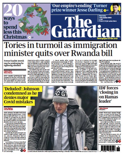 The Guardian (UK) Newspaper Front Page for 7 December 2023