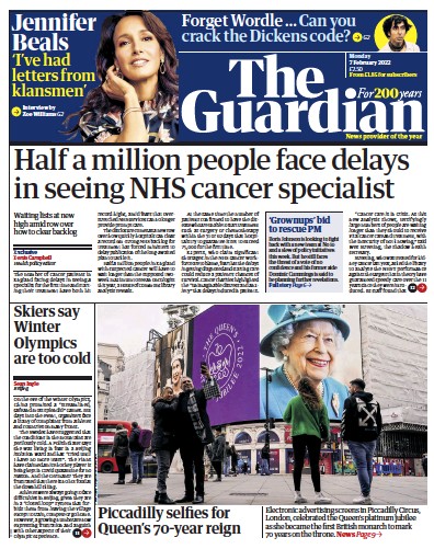 The Guardian (UK) Newspaper Front Page for 7 February 2022