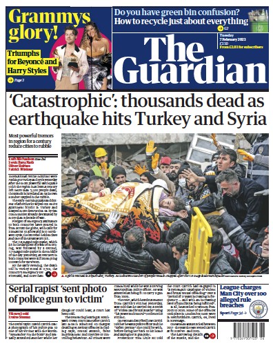 The Guardian (UK) Newspaper Front Page for 7 February 2023