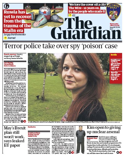 The Guardian (UK) Newspaper Front Page for 7 March 2018