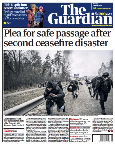 The Guardian (UK) Newspaper Front Page for 7 March 2022