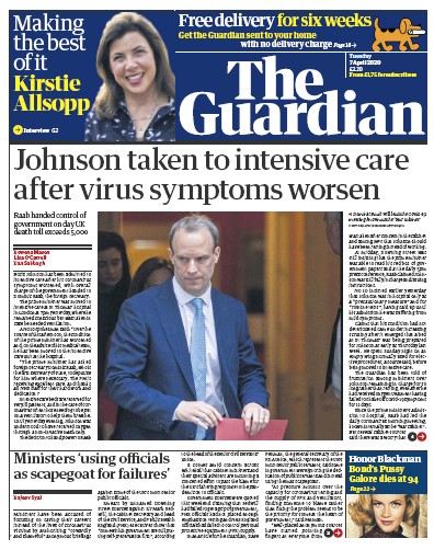 The Guardian Newspaper Front Page for 7 April 2020