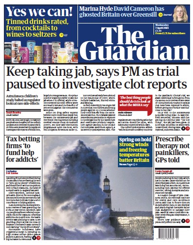 The Guardian (UK) Newspaper Front Page for 7 April 2021