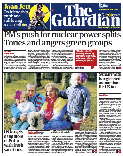 The Guardian (UK) Newspaper Front Page for 7 April 2022