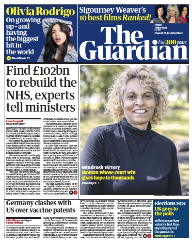 The Guardian Newspaper Front Page for 7 May 2021
