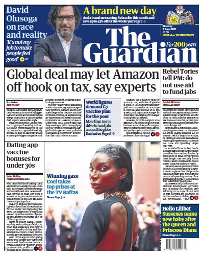 The Guardian (UK) Newspaper Front Page for 7 June 2021