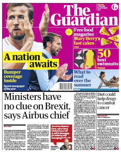 The Guardian Newspaper Front Page for 7 July 2018