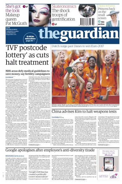 The Guardian (UK) Newspaper Front Page for 7 August 2017