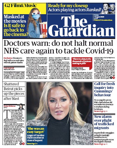 The Guardian Newspaper Front Page for 7 August 2020
