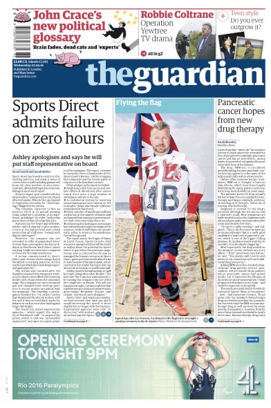 The Guardian Newspaper Front Page for 7 September 2016