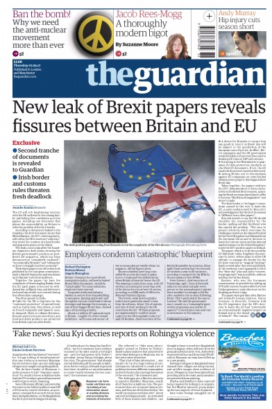 The Guardian (UK) Newspaper Front Page for 7 September 2017