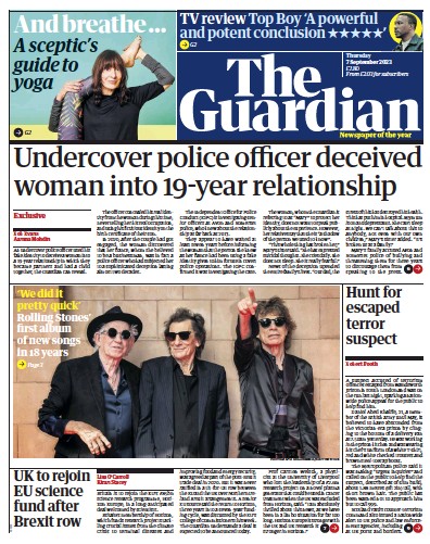 The Guardian (UK) Newspaper Front Page for 7 September 2023