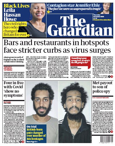 The Guardian (UK) Newspaper Front Page for 8 October 2020