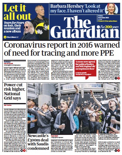 The Guardian (UK) Newspaper Front Page for 8 October 2021