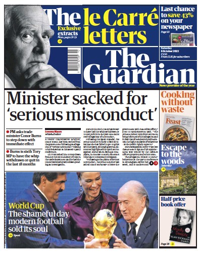 The Guardian Newspaper Front Page for 8 October 2022