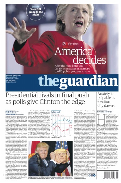 The Guardian Newspaper Front Page for 8 November 2016