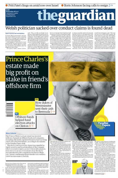 The Guardian Newspaper Front Page for 8 November 2017