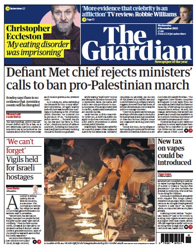 The Guardian Newspaper Front Page for 8 November 2023