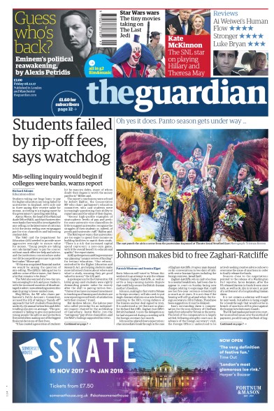 The Guardian Newspaper Front Page for 8 December 2017