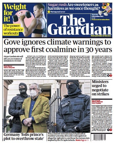 The Guardian (UK) Newspaper Front Page for 8 December 2022