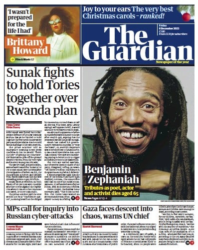 The Guardian (UK) Newspaper Front Page for 8 December 2023
