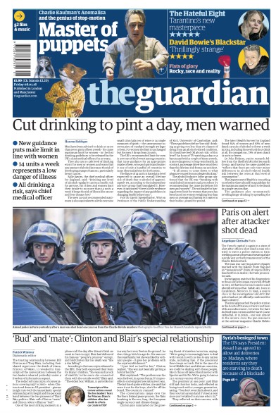 The Guardian Newspaper Front Page for 8 January 2016