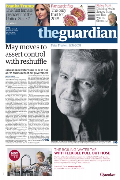 The Guardian Newspaper Front Page for 8 January 2018