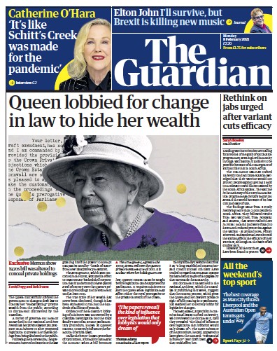 The Guardian Newspaper Front Page for 8 February 2021
