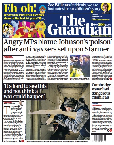 The Guardian Newspaper Front Page for 8 February 2022