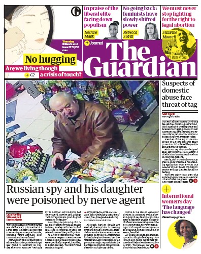 The Guardian (UK) Newspaper Front Page for 8 March 2018