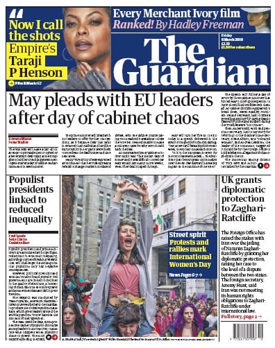 The Guardian (UK) Newspaper Front Page for 8 March 2019