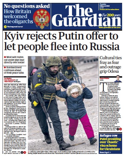 The Guardian (UK) Newspaper Front Page for 8 March 2022