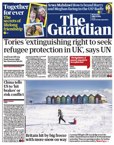 The Guardian (UK) Newspaper Front Page for 8 March 2023