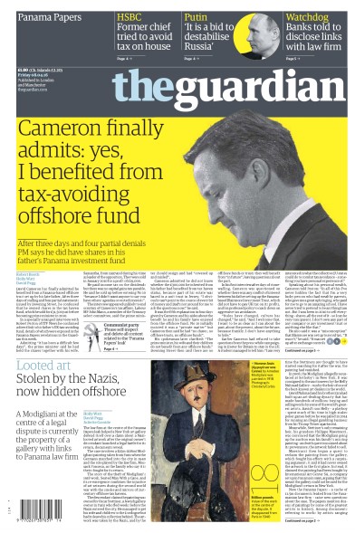The Guardian (UK) Newspaper Front Page for 8 April 2016