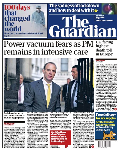 The Guardian Newspaper Front Page for 8 April 2020