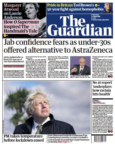 The Guardian (UK) Newspaper Front Page for 8 April 2021