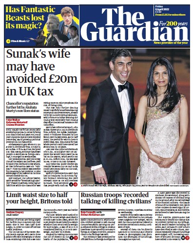 The Guardian Newspaper Front Page for 8 April 2022