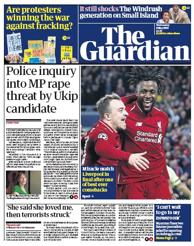 The Guardian Newspaper Front Page for 8 May 2019