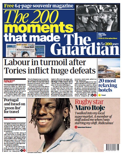 The Guardian Newspaper Front Page for 8 May 2021