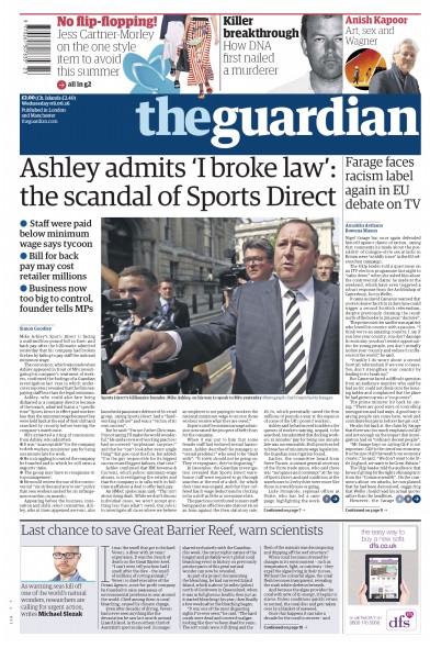 The Guardian (UK) Newspaper Front Page for 8 June 2016