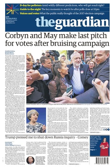 The Guardian (UK) Newspaper Front Page for 8 June 2017